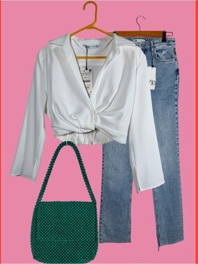 Zara Sz Small Pleated White Cropped Blouse NWT Shirt Women’s
